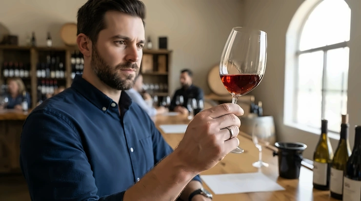 A sommelier using thin rim minimalist wine glasses for wine tasting to evaluate clarity and aromas.