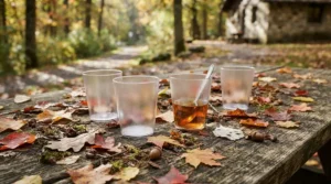 Unbreakable glass wine glasses for camping surrounded by colorful autumn leaves on a wooden picnic table.
