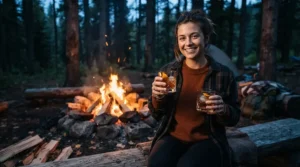 A person holding unbreakable glass wine glasses for camping near a glowing campfire at dusk.