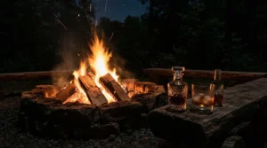 A close-up of unbreakable glass wine glasses for camping glowing near a crackling campfire at night.