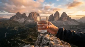 Unbreakable glass wine glasses for camping held up against a scenic mountain vista during golden hour.