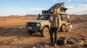 Traveler holding unbreakable glass wine glasses for camping next to a rugged vehicle during a road trip.