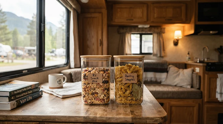 Unbreakable glass wine glasses for camping displayed on a dinette table inside a modern motorhome.