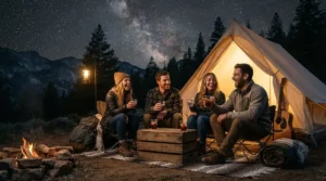 Friends enjoying stargazing while using unbreakable glass wine glasses for camping outside a tent.