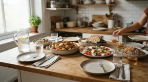An affordable classic wine glass set displayed alongside a weeknight home-cooked dinner.