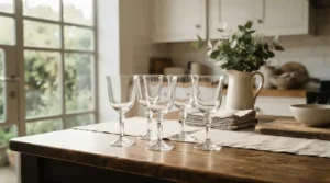 An affordable traditional wine stemware set arranged neatly on a modern kitchen counter.