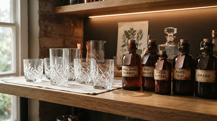 Angular stemless wine tumblers for whiskey and wine displayed alongside vintage bottles in a home bar collection.