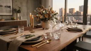A pair of angular stemless wine tumblers for whiskey and wine set on a modern dining table during a dinner party.