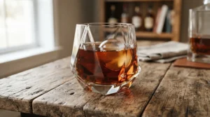 Dual-purpose angular stemless wine tumblers for whiskey and wine holding dark spirits on a wooden counter.