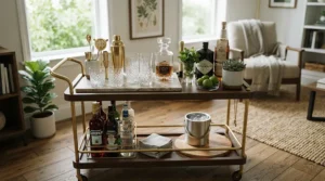 Home bar styling showcasing angular stemless wine tumblers for whiskey and wine next to cocktail shakers.