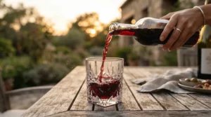 Red wine poured into angular stemless wine tumblers for whiskey and wine on a minimalist patio table.