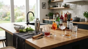 Versatile barware including angular stemless wine tumblers for whiskey and wine arranged on a marble kitchen island.