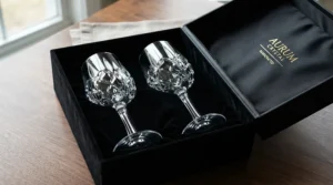 An elegantly packaged angular stemmed wine glasses set ready for gifting.