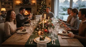 A festive holiday gathering featuring a sparkling angular stemmed wine glasses set.