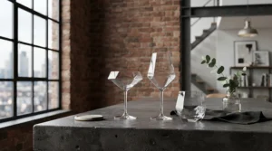 An angular stemmed wine glasses set displayed on a concrete kitchen island in an industrial loft.