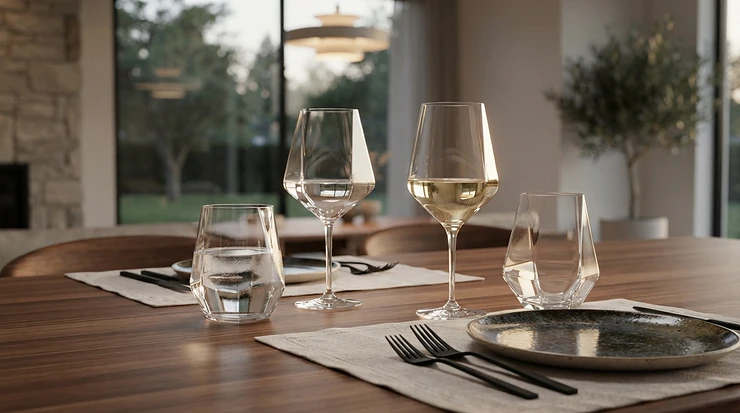 An elegant angular stemmed wine glasses set styled on a minimalist dining table setup.