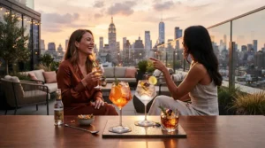 An angular stemmed wine glasses set placed on a patio table during a sunset evening.
