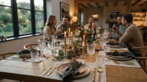 A sophisticated dinner party table setting featuring angular wine glasses for a modern bar setup.