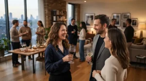 Guests enjoying red wine poured into angular wine glasses for a modern bar setup during an evening party.