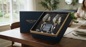 A gift box containing angular wine glasses for a modern bar setup resting on a wooden table.