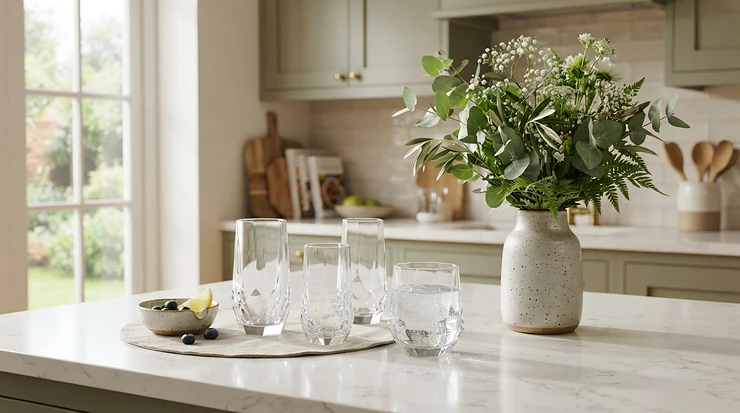 A sleek marble kitchen island styled with angular wine glasses for a modern bar setup and fresh flowers.