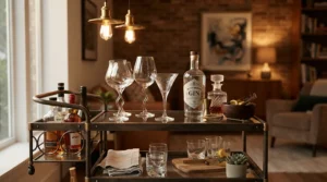 Minimalist bar cart featuring angular wine glasses for a modern bar setup and crystal decanter.
