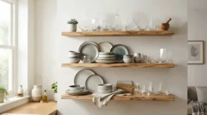 Open kitchen shelving showcasing angular wine glasses for a modern bar setup alongside artisanal ceramics.