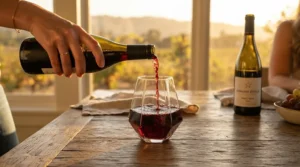Red wine being poured into angular wine glasses for a modern bar setup against a sunset window backdrop.