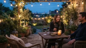 Relaxing on a backyard patio at dusk with classic all purpose wine glasses for beginners.