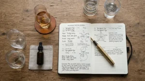 A wine glass buying guide layout featuring classic all purpose wine glasses for beginners and a tasting notebook.