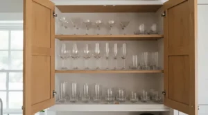 Storing classic all purpose wine glasses for beginners neatly inside an organized modern kitchen cabinet.