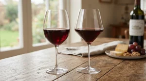 Comparing classic all purpose wine glasses for beginners against modern geometric stemware on a wooden table.