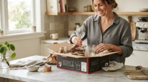 Unboxing classic all purpose wine glasses for beginners as part of a new kitchen starter set on a marble countertop.