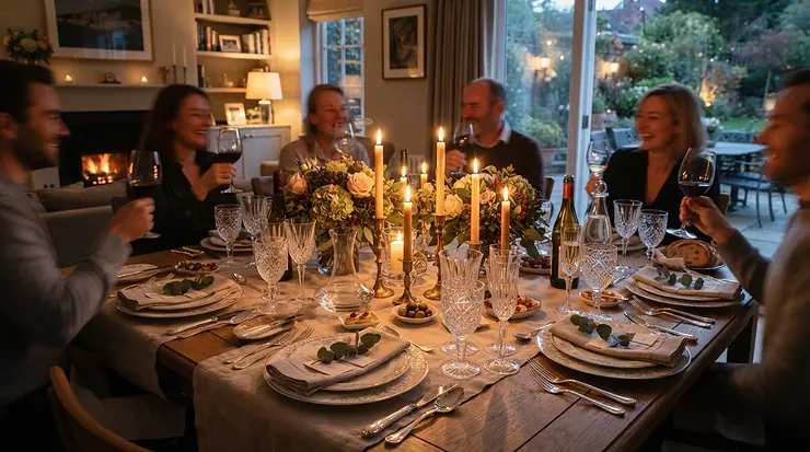 A classic wine glass set styled elegantly for a weekend evening dinner party with friends.