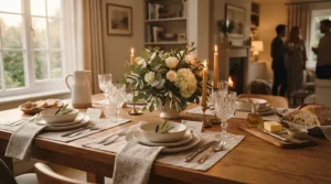 A classic wine glass set arranged neatly on a wooden dining table ready for a casual dinner party.