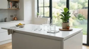 A classic wine glass set ready for use on a modern white kitchen island countertop.
