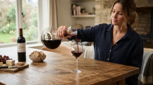 Pouring full-bodied red into classic wine glasses for holiday entertaining during a seasonal dinner party.