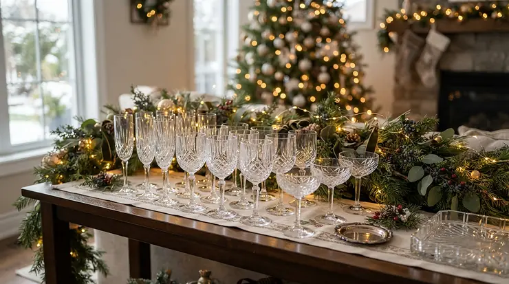 A holiday buffet setup featuring rows of classic wine glasses for holiday entertaining ready for guests.