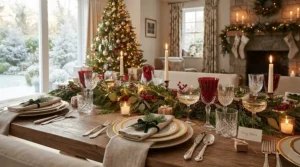 A festive dining table featuring classic wine glasses for holiday entertaining filled with deep red wine.