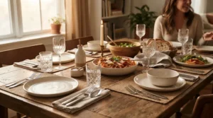 Setting a cozy meal with classic wine glasses for holiday entertaining and casual winter dining.