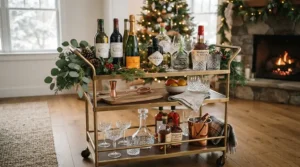 Essential hosting bar cart stocked with classic wine glasses for holiday entertaining guests.