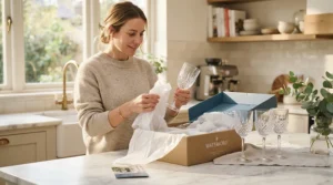 Unpacking classic wine glasses for holiday entertaining on a bright modern kitchen island.