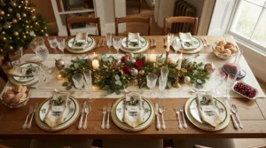 An elegant holiday table setting highlighting crystal clear classic wine glasses for holiday entertaining.