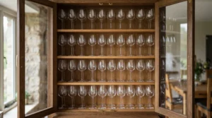 A complete traditional wine stemware set stored securely inside an open wooden display cabinet.