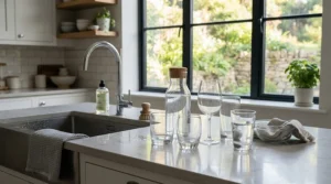 A dishwasher safe classic wine glass set sitting clean and sparkling on a modern kitchen counter.