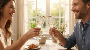 A newlywed couple raising traditional crystal stemware for wedding gift registry during a celebratory brunch.