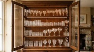 A curated collection of traditional crystal stemware for wedding gift registry displayed inside a glass cabinet.