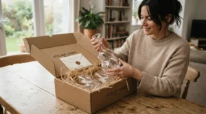 Unboxing a luxury set of traditional crystal stemware for wedding gift registry on a living room rug.