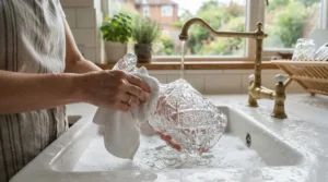 Carefully hand-washing a piece of traditional crystal stemware for wedding gift registry in a farmhouse sink.