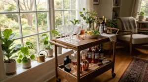 A sunlit buffet cart displaying sparkling traditional crystal stemware for wedding gift registry ready for guests.
